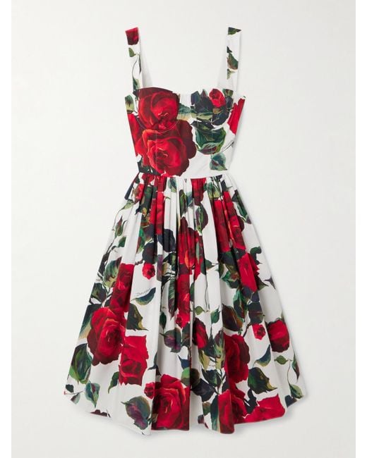 Dolce & Gabbana Red Calf-Length Corset Dress With Rose