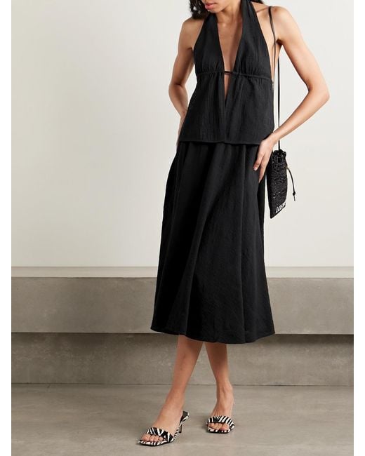 Staud Black Flores Cotton-Gauze Halterneck Top