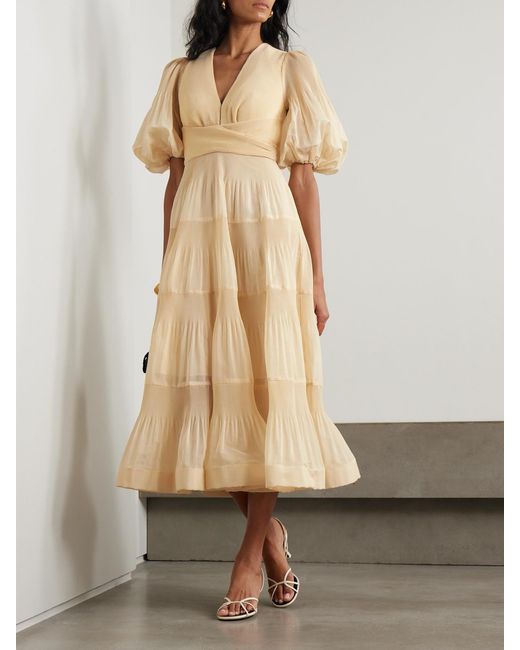 Zimmermann Natural Tiered Plissé-Taffeta Midi Dress
