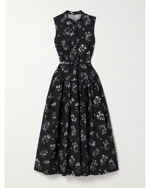 Adam Lippes Black Belted Floral-Print Cotton-Poplin Midi Dress