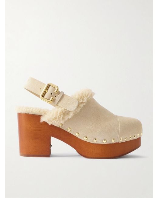 Chloé Natural Jeanette Shearling-Trimmed Suede Slingback Platform Clogs