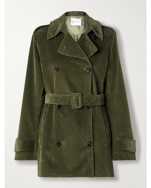 Veronica de Piante Green Charlotte Belted Double-Breasted Cotton-Corduroy Trench Coat