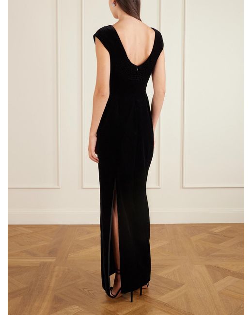 Colleen Allen Black Shirred Cotton-Velvet Gown