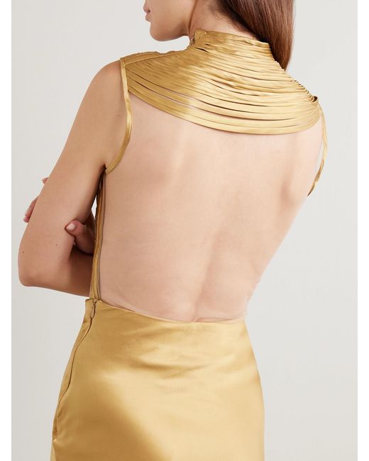 ANDRES OTALORA Natural Pulsos Fringed Silk-Charmeuse And Mesh Bodysuit