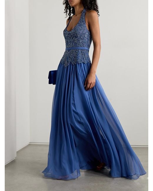 Zuhair Murad Blue Silk Crepe De Chine And Embellished Tulle Halterneck Gown