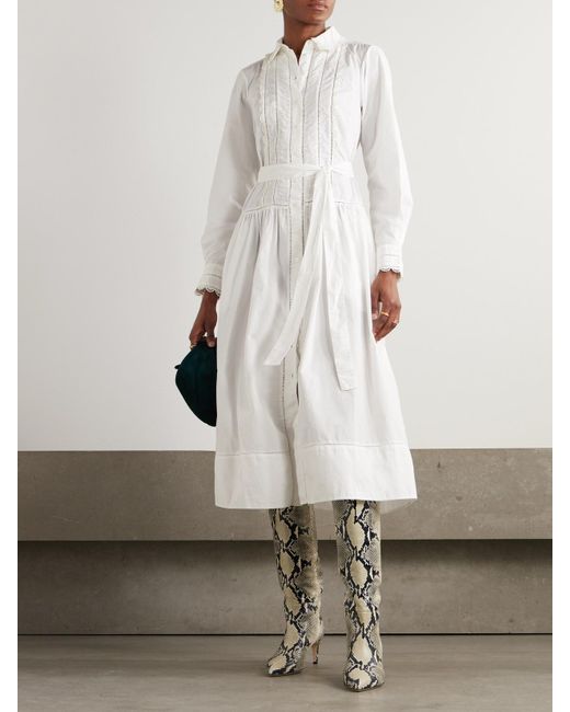Ulla Johnson White Ariane Midikleid Aus Baumwollpopeline Mit Häkelbesätzen Und Bindegürtel