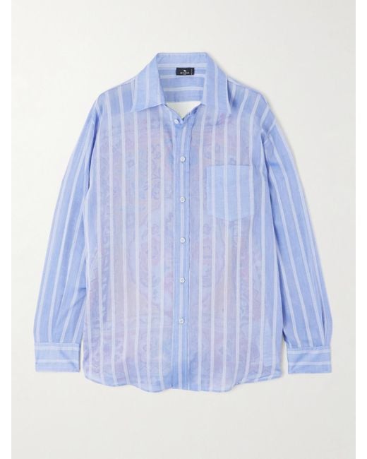 Etro Blue Printed Silk And Striped Cotton-Voile Shirt