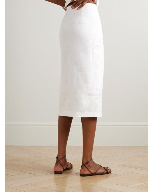 Sir White Alessandra Embroidered Linen Midi Skirt
