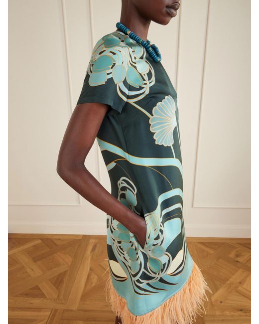 LaDoubleJ Green Swing Printed Feather-Trimmed Silk-Twill Mini Dress