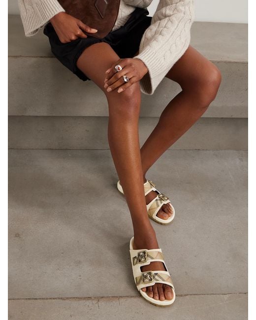 Burberry White Checked Canvas Jacquard-Trimmed Suede Sandals