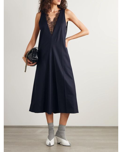 Carven Blue Chantilly Lace-Trimmed Wool-Flannel And Crinkled-Satin Midi Dress