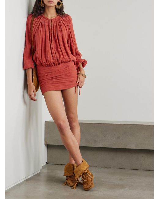Isabel Marant Red Jaoni Minikleid Aus Baumwolle Mit Raffungen Und Flechtdetails