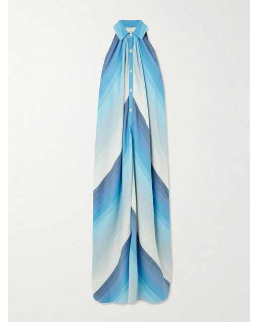 Marrakshi Life Blue Striped Dégradé Cotton Halterneck Maxi Shirt Dress