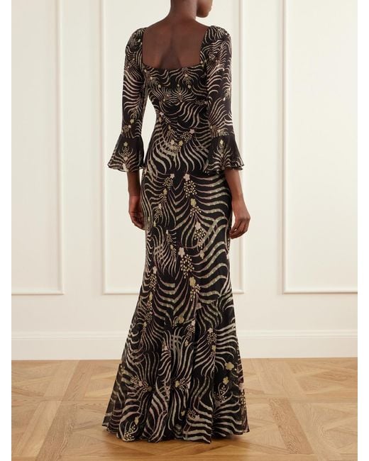 Saloni Black Willa Printed Silk-Chiffon Gown