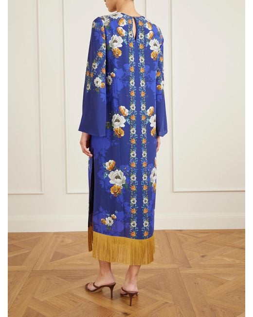 Borgo De Nor Blue Fringed Floral-Print Satin-Crepe Maxi Dress