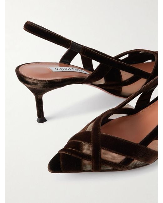 Aquazzura Brown Wrap Me Up 65 Velvet And Mesh Slingback Pumps