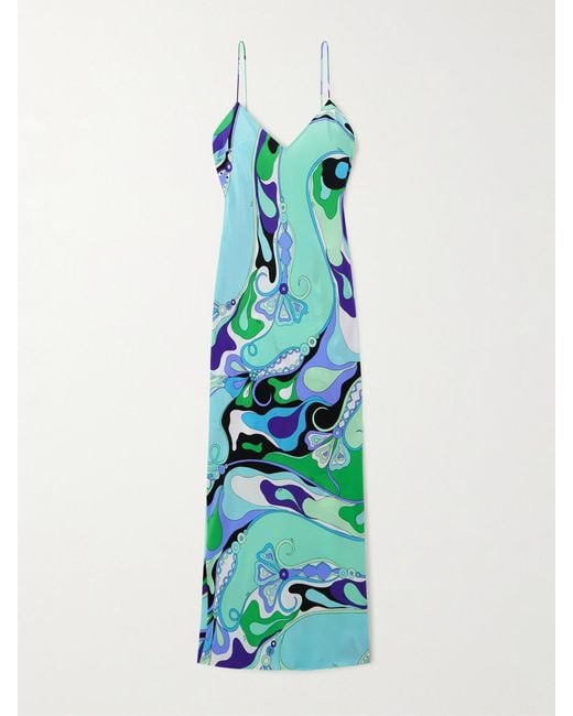 Emilio Pucci Blue Printed Silk Crepe De Chine Maxi Dress