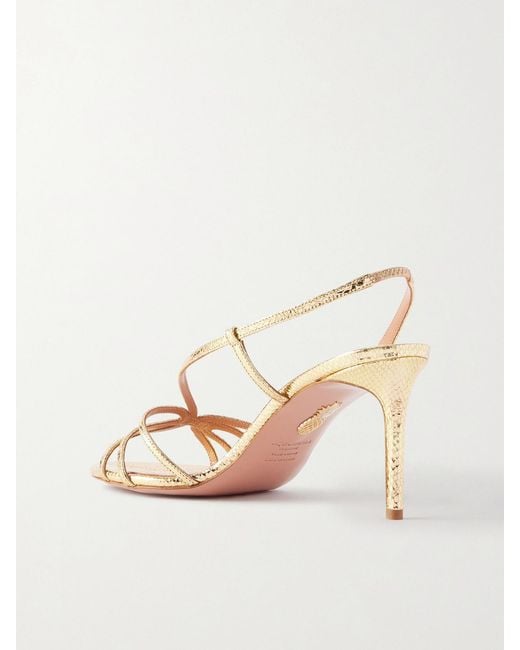 Aquazzura Natural Talk To Me 75 Metallic Snake-Effect Leather Slingback Sandals