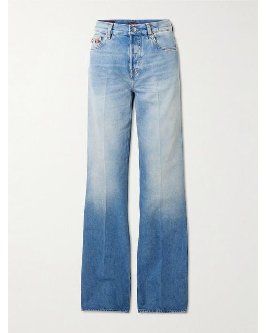 Gucci Blue Embellished Leather-Trimmed Mid-Rise Flared Jeans