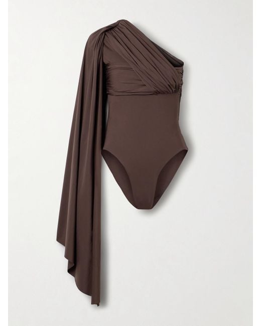 Maygel Coronel Brown Burano One-Shoulder Cape-Effect Gathered Draped Stretch-Jersey Bodysuit