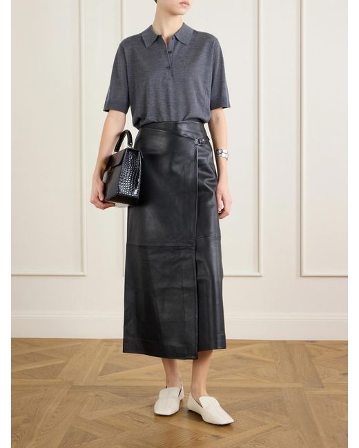 St. Agni Black Leather Midi Wrap Skirt