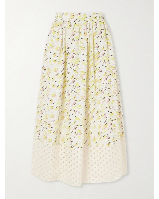 Marni Natural Broderie Anglaise-Trimmed Printed Linen Midi Skirt