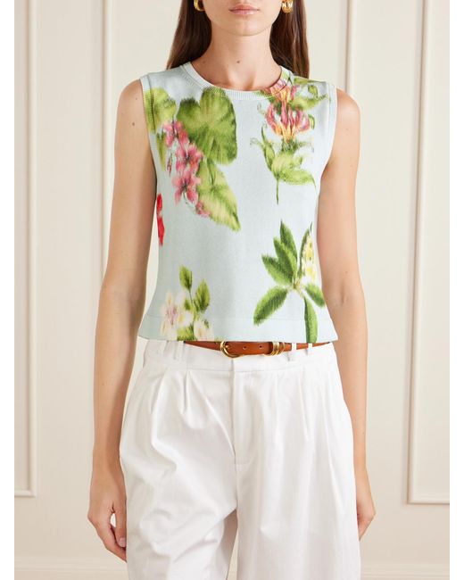 Oscar de la Renta Green Floral-Print Cotton-Blend Knitted Tank