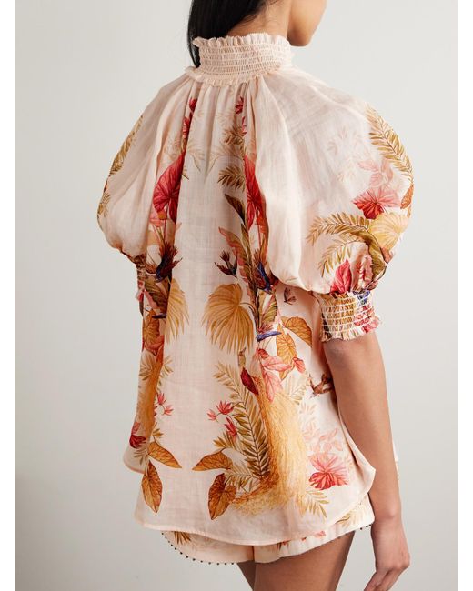 Zimmermann Pink Ascension Geraffte Bluse Aus Ramie Mit Blumenprint Und Verzierungen