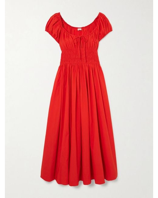 Doen Quinn Tie-Detailed Shirred Organic Cotton-Poplin Midi Dress