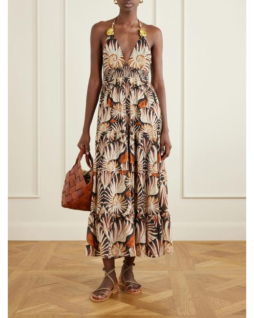 Farm Rio Natural Embellished Printed Shirred Tiered Georgette Halterneck Midi Dress