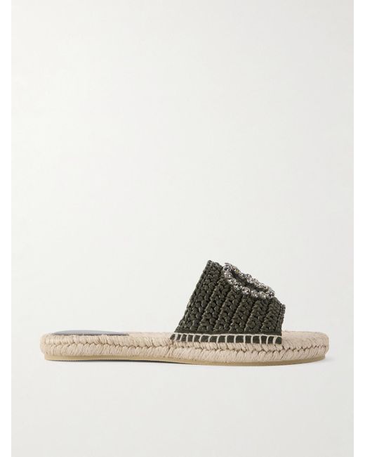 Gucci Green Cora Crystal-Embellished Raffia Espadrille Slides