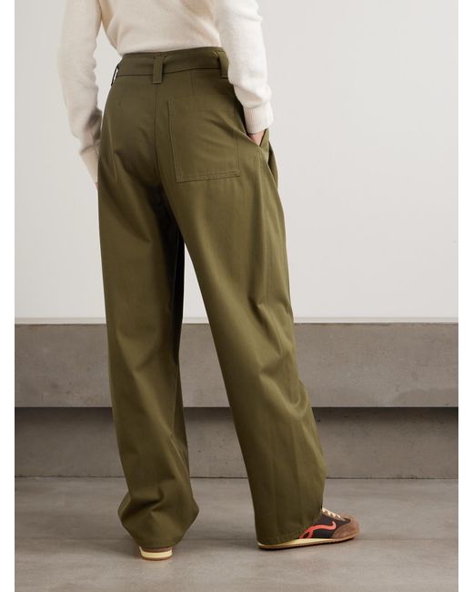 Loewe Green Belted Leather-Trimmed Pleated Cotton And Silk-Blend Pants