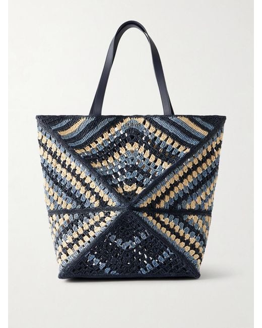 Loewe Blue Paula's Ibiza Puzzle Fold Large Leather-Trimmed Raffia Shoulder Bag