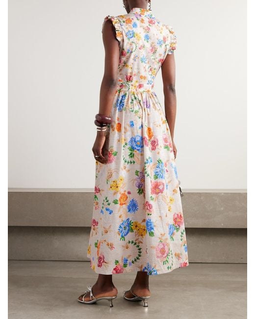Mary Katrantzou White Sezanne Floral-Print Cotton-Poplin Midi Dress
