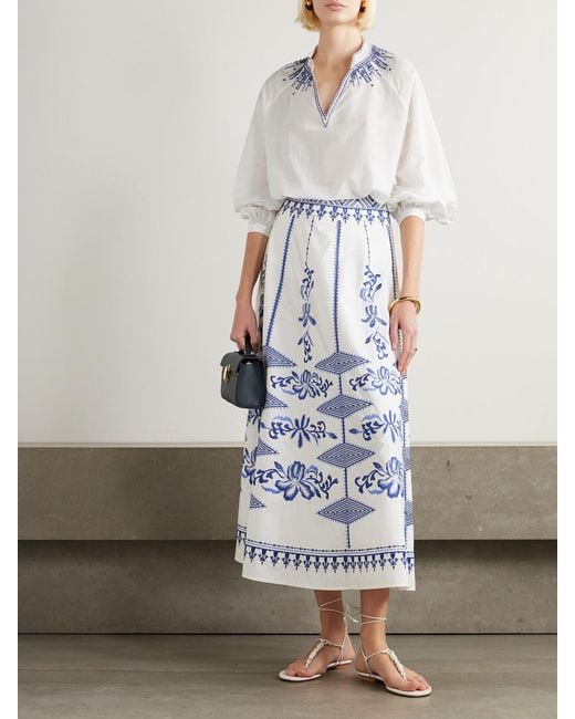Emporio Sirenuse Blue Camille Embroidered Cotton-Blend Midi Skirt