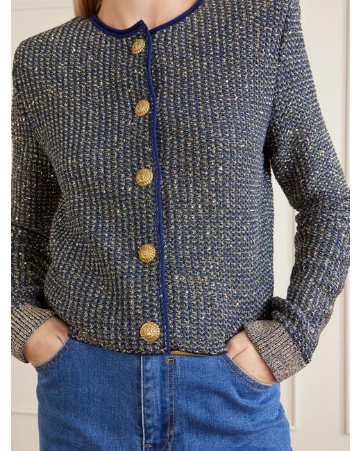 Balmain Blue Metallic-Trimmed Tweed Cardigan