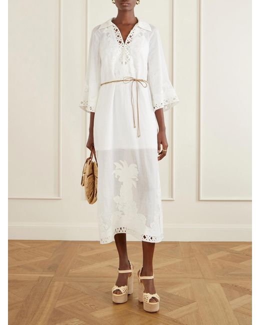 Zimmermann White Indra Embroidered Belted Ramie Maxi Dress