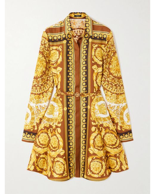 Versace Metallic Minikleid Aus Bedrucktem Seiden-Twill Mit Gürtel