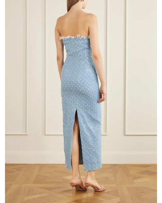 Rodarte Blue Appliquéd Sequin-Embellished Lace-Trimmed Denim Midi Dress