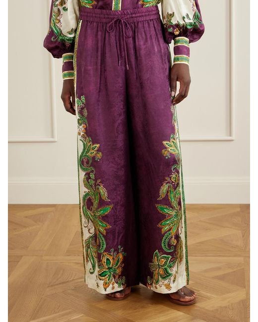 ALÉMAIS Purple Ruthie Printed Satin-Jacquard Wide-Leg Pants
