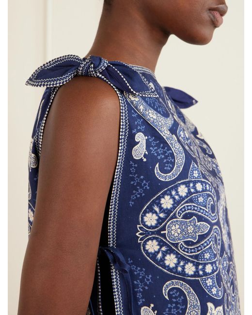 Sea Blue Emilina Knotted Printed Linen And Cotton-Blend Tank
