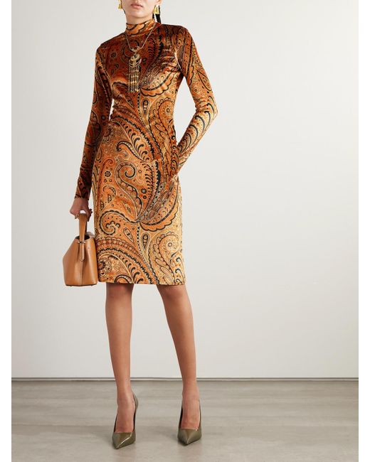 Etro Brown Paisley-Print Velvet Turtleneck Midi Dress