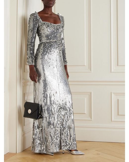 Jenny Packham Gray Kestra Embellished Sequined Tulle Gown