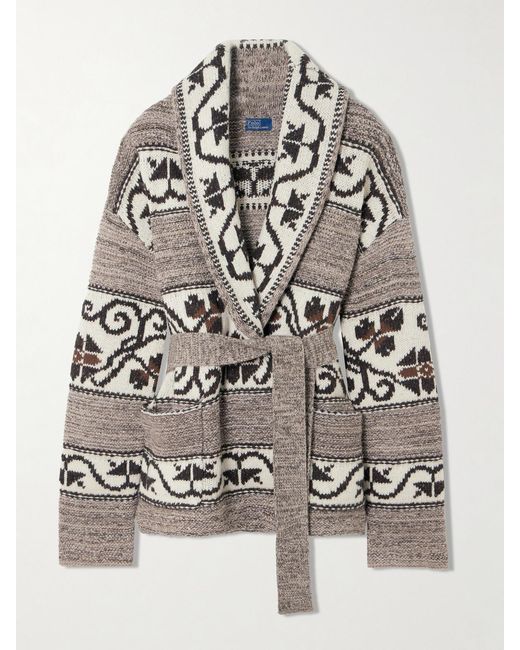 Polo Ralph Lauren Gray Belted Jacquard-Knit Wool-Blend Cardigan