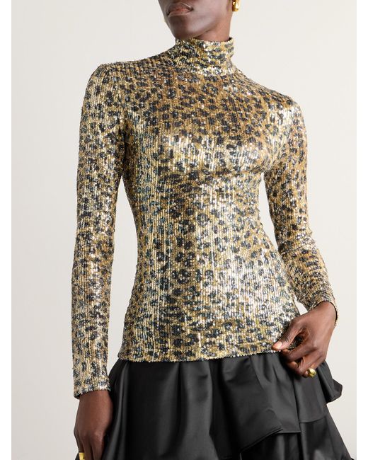 AZ FACTORY Multicolor Romy Sequin-Embellished Leopard-Print Mesh Turleneck Top