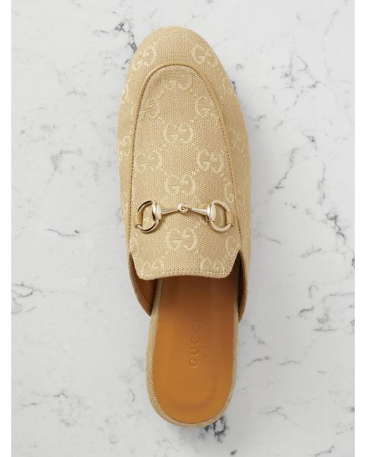Gucci White Princetown Horsebit-Embellished Leather-Trimmed Canvas-Jacquard Slippers