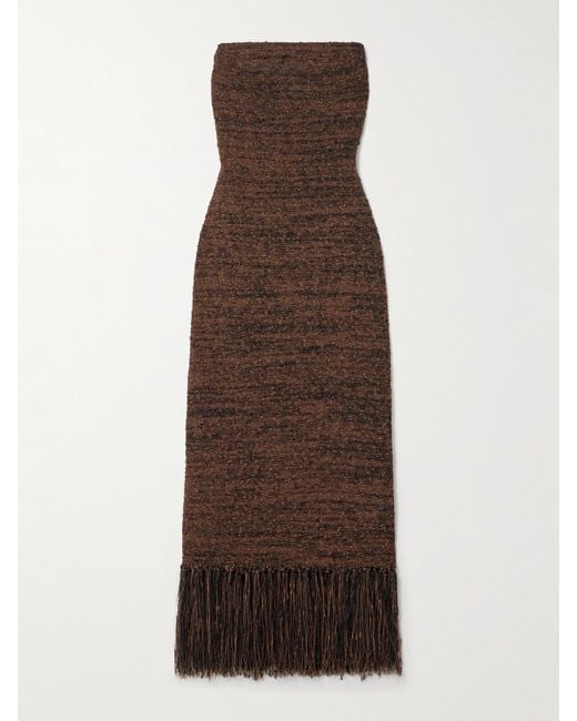 FRAME Brown Strapless Fringed Bouclé Midi Dress