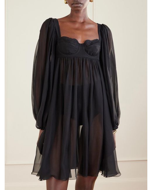 Dolce & Gabbana Black Pleated Lace-Trimmed Silk And Cotton-Blend Voile Mini Dress