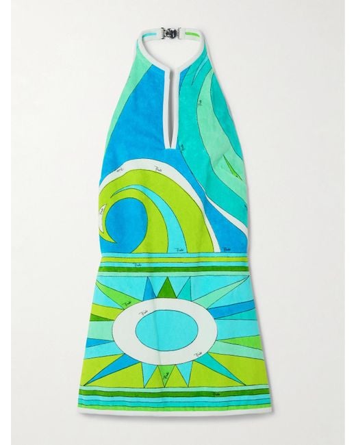 Emilio Pucci Blue Printed Cotton-Terry Halterneck Mini Dress
