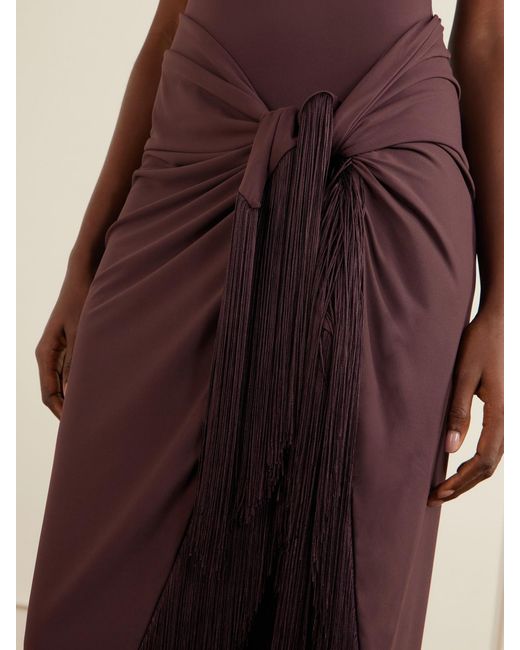 Taller Marmo Purple Rhodes One-Shoulder Swimsuit And Fringed Pareo Set